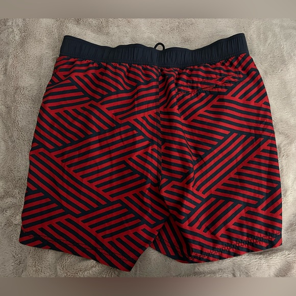 Nautica Mens Swim Trunks Size L Maroon Blue Geometric Stripe - Picture 2 of 3